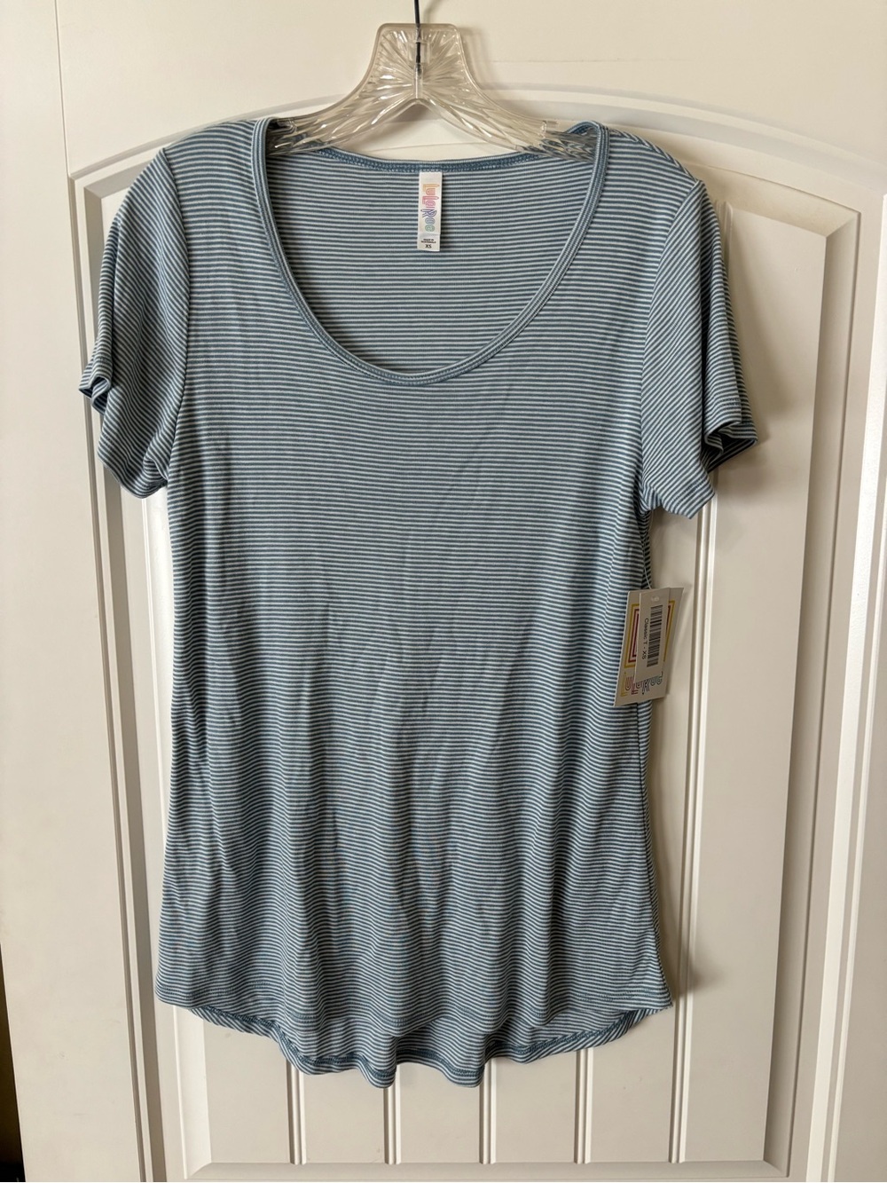 LuLaRoe Light Blue and White Striped Scoop Neck Tee